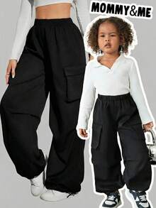 SHEIN Young Girl Solid Color Loose Casual Cargo Pants - Black - View 1