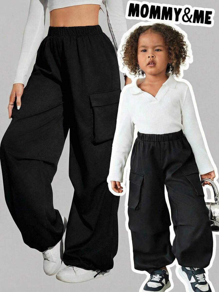 SHEIN Young Girl Solid Color Loose Casual Cargo Pants - Black - View 1