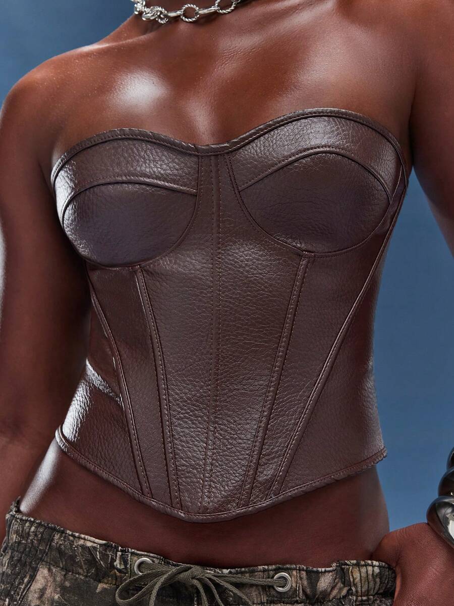 Normani Áo quây thời trang gợi cảm bằng da PU màu trơn dành cho nữ - màu nâu - Xem 1