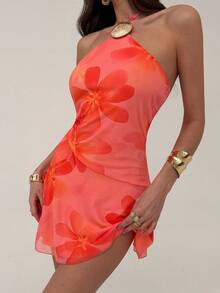 Aloruh Đầm ngắn cổ yếm in hoa dành cho nữ, thích hợp cho kỳ nghỉ, hẹn hò, đi chơi. - Hồng - Xem 6