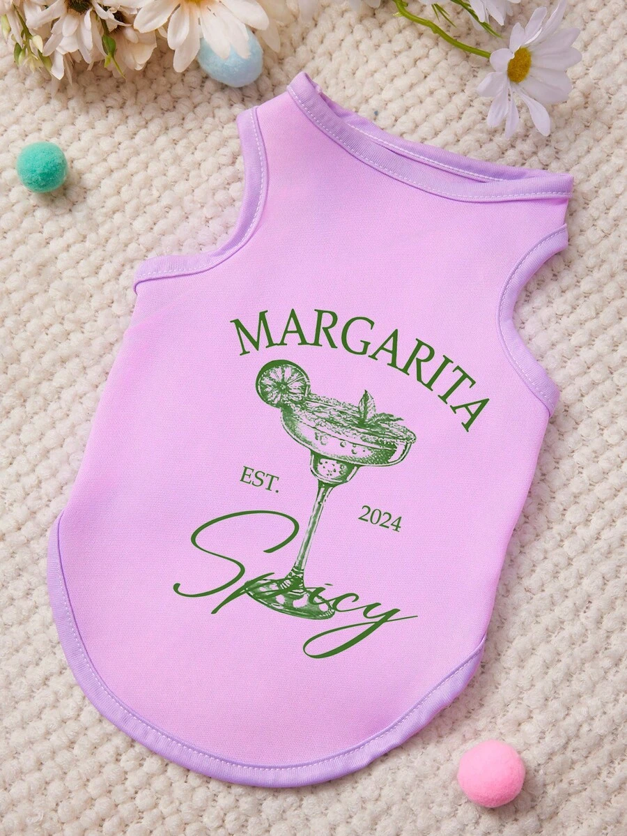 PETSIN 1 pieza Camiseta sin mangas para mascotas con estampado de menta, limón y letra, de color púrpura, amigable con la piel y transpirable - Morado - Ver 1