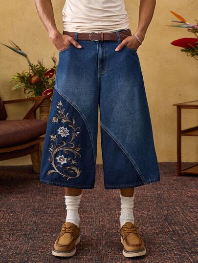 ROMWE MEN Street Life Quần short denim thêu hoa chắp vá dành cho nam