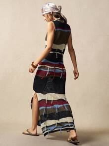 Bohemela Women Striped Round Neck Sleeveless Side Slit Hem Knitted Dress - Multicolor - View 7