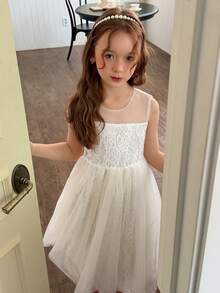 DAZY Girls Lace Trim Round Neck Sleeveless Dress, Fall Outfit - White - View 1