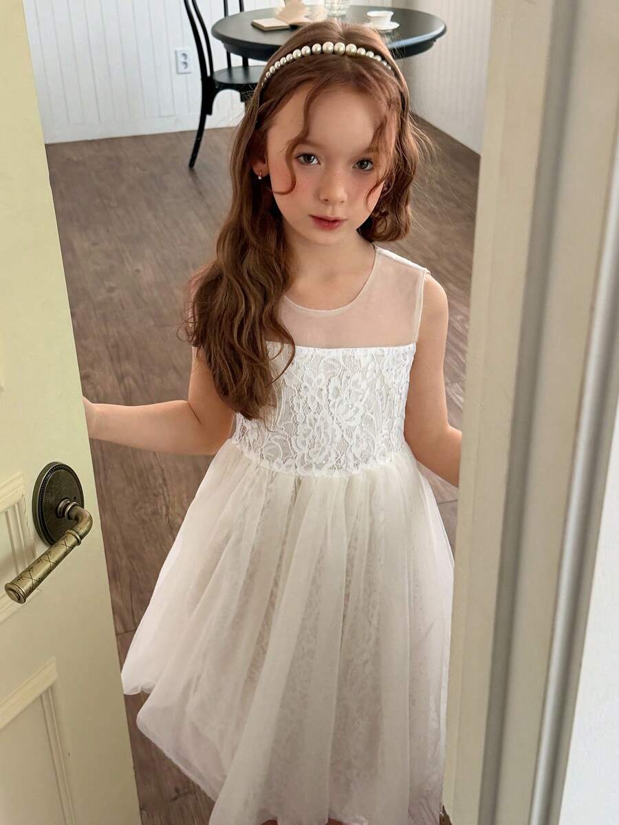 DAZY Girls Lace Trim Round Neck Sleeveless Dress, Fall Outfit - White - View 1