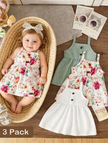 SHEIN Conjunto de 3 piezas de vestido de punto acanalado de unicolor y floral elegante para bebés recién nacidas, adecuado para uso al aire libre - Verde - Ver 9