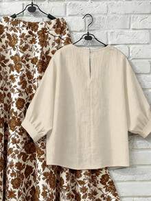 EMERY ROSE Bộ đồ nữ cỡ lớn kiểu vintage gồm áo sơ mi và chân váy midi in hoa bằng vải lanh dành cho kỳ nghỉ. - Màu be - Xem 2