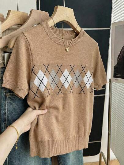 Franclia 复古多色菱格纹休闲针织上衣，女士款，春夏新款