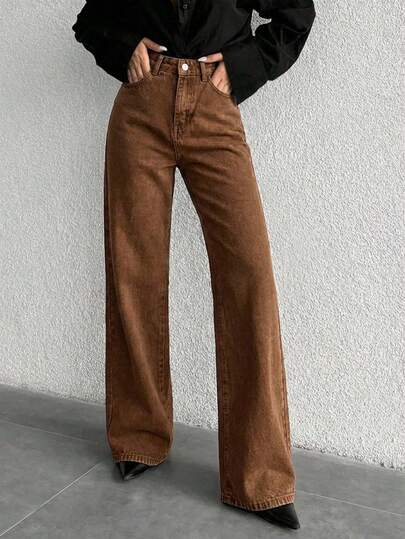 Pantalón o jeans de Mujer corte mom lavado café, Tela no Elástica Bolsillos Button Zipper Corte Amplio Sin Estampado para todas las estaciones