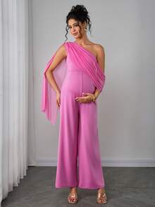 Momance Maternity Sleeveless Jumpsuit With Shawl Collar, Mesh Overlay, Knit Fabric, Flared Leg, Zipper Closure - Pink - View 5