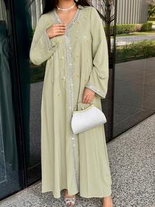 Yasmyna Women's Elegant Vacation Style Patchwork Ribbon V-Neck Flare Sleeve Loose Arabic Dress - Green - View 6