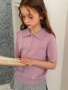 DAZY 少女蝴蝶结刺绣扭结短袖Polo领针织上衣 - 粉色 - 查看 3