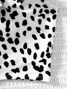 SHEIN Tween Girls' Summer Fashion Beach Vacation Polka Dot Floral Print Ruffle Trim Bikini Set - Black and White - View 4