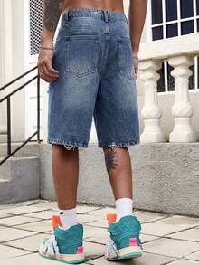 ROMWE MEN Men's Summer Casual Fashion Street Letter & Flame Print Rhinestone Frayed Hem Denim Shorts - Blue - View 2