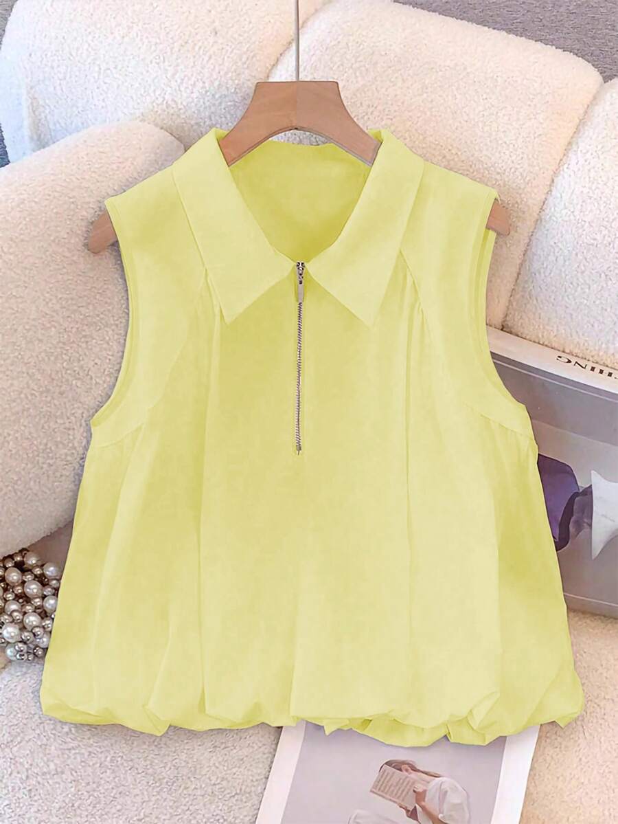 SHEIN LUNE Blusa elegante y de moda con cuello blanco, cremallera frontal, pliegues simétricos, ajuste elástico para mujeres, parte superior de verano amarilla primaveral, parte superior pastel amarilla, parte superior primaveral linda, parte superior de mujer de color amarillo claro, parte superior de verano de mujer, parte superior casual de mujer, parte superior de mujer, parte superior sin mangas de mujer, parte superior con cuello de mujer - Amarillo - Ver 1