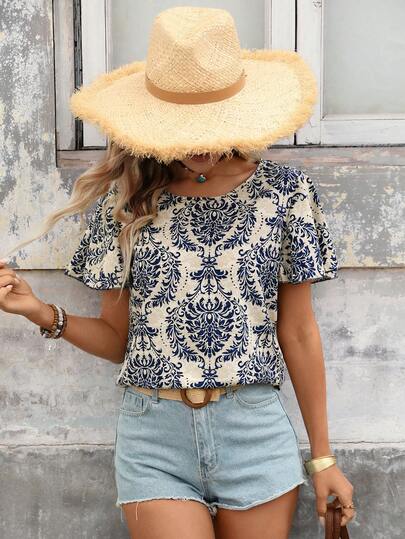 Brillora 夏季海滩女式花卉缎面印花蝴蝶荷叶边袖圆领衬衫