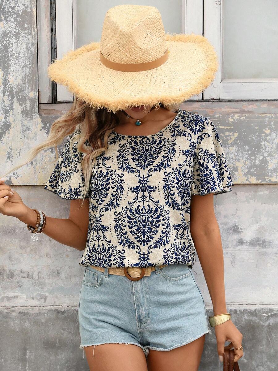 Brillora Blusa de cuello redondo con mangas con volantes, estampado floral de satén y mariposas para mujer, ideal para el verano y la playa - Albaricoque - Ver 1