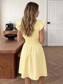 Easowa 褶皱短袖收腰A字连衣裙，100%纯棉绉纱面料，休闲舒适优雅，适合通勤、度假等各种场合，夏季女装 - 黃色 - 查看 5