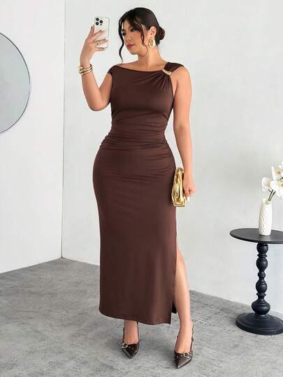 Firerie Plus Size Elegant Casual Vacation Office Commute Sleeveless Dress, Metal Decor Elastic Waist Slim A-Line With Slit, Suitable For Spring/Summer Brown Bodycon Dress Chocolate Brown Dress Coffee Brown Dress Brown Dress Elegant Brown Sexy Dress Spring Outfit Women Spring Dress For Women