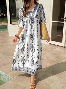 Vivie Lora Women's V-Neck Loose Short Sleeve Floral Print Midi Dress Summer Boho Sun Dresses For Women Vacation Outfits Women - White - View 5