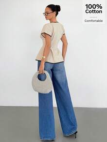 Siren Gaze 女士圆领褶皱时尚百搭通勤短袖衬衫 - 杏色 - 查看 3