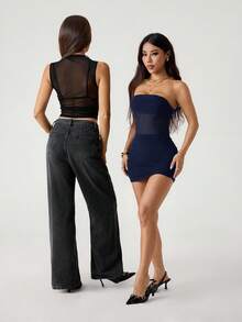 SHEIN PETITE 女士纯色网纱拼接褶皱修身迷你抹胸连衣裙 - 藏蓝色 - 查看 6