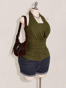 SHEIN ICON 加大码 2 件套 西式女士外出夏季波西米亚风露背棕色吊带背心和吊带衫 - 軍綠色 - 查看 4