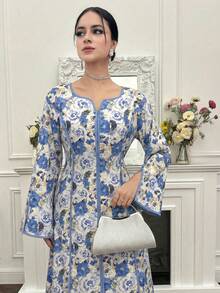 Yasmyna Đầm dài tay in hoa kiểu Ả Rập dành cho nữ - Màu xanh lam - Xem 3
