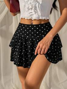 SHEIN EZwear 女士休闲波点印花荷叶边A字裙 - 黑色 - 查看 5