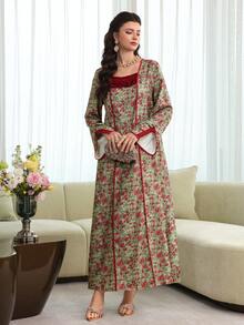 Al Najma 新款褶皱棉混纺印花拼接荷叶边下摆度假风阿拉伯连衣裙 - 彩色 - 查看 4