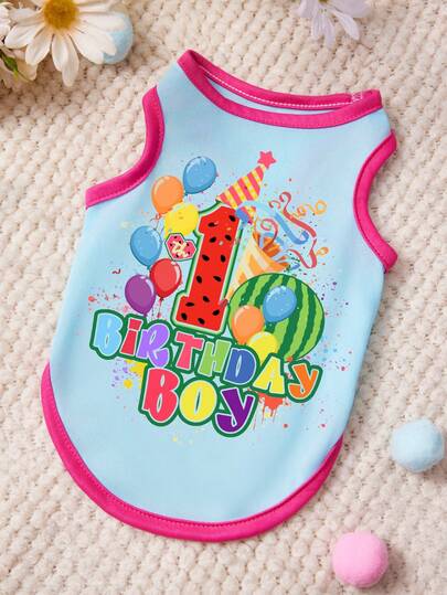 PETSIN 1pc 1-Year-Old Balloon Birthday Watermelon Ribbon Carnival Letter Printed Pet Vest Blue Mosaic Red Sports Style Pet Clothing