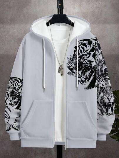 Manfinity 男士连帽拉链卫衣，休闲套头衫，日常通勤，学生装，青春运动风，百搭，虎纹印花设计，秋季款