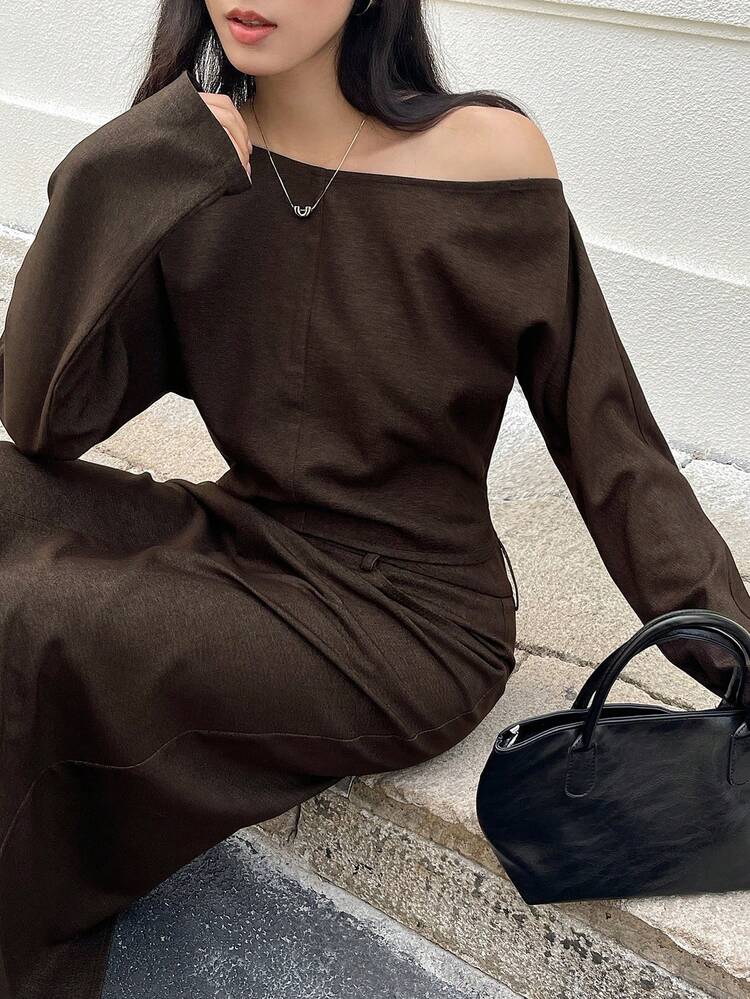 Women's Casual Commuter Solid Color Asymmetric Collar Top And Skirt 2 Pieces Set