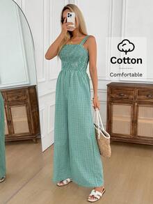 Easowa Women's Green Plaid Cotton Jumpsuit, Chest Shirred Design, Suitable For Romantic, Countryside, Casual Vacations And Daily Casual Wear, Spring/Summer Vacation/Boho/Sexy - Multicolor - View 3