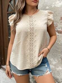 Breezaya 女士优雅休闲短袖圆领波点镂空衬衫 - 杏色 - 查看 3