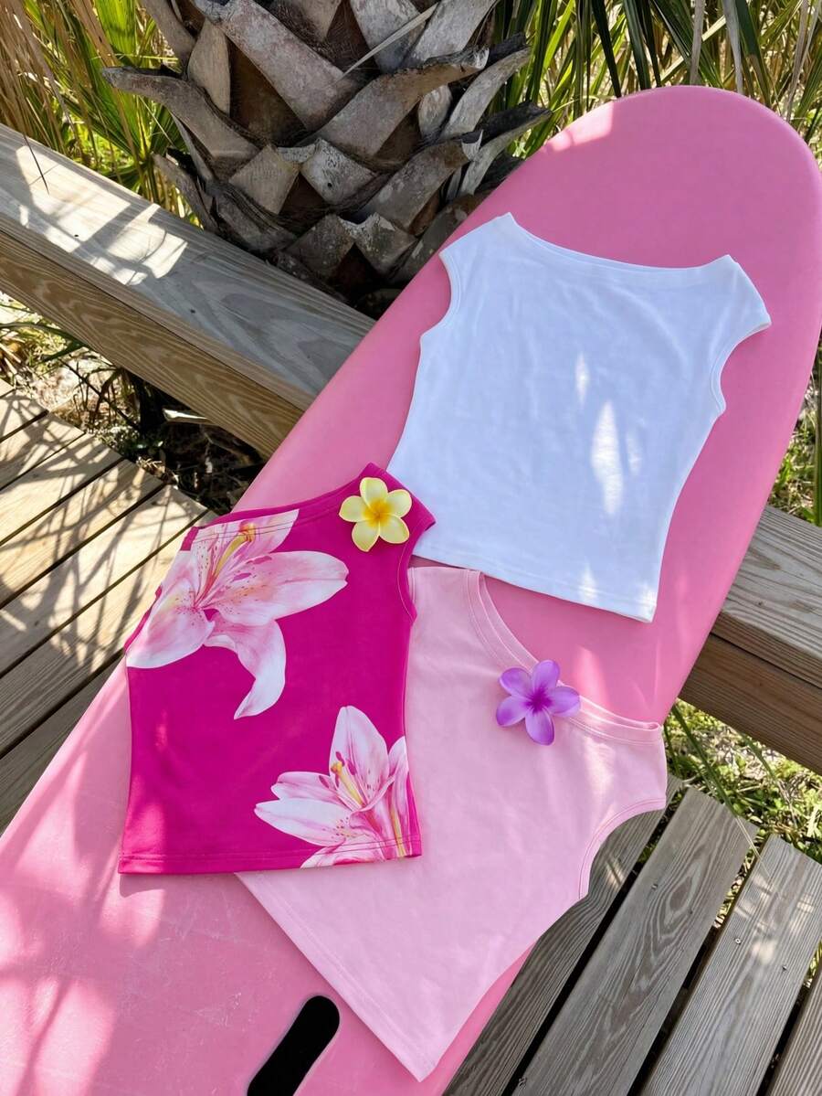 Sparklyn 3pcs/Set Girls' Off-Shoulder Snug Fit T-Shirts, Vacation Wear - Multicolor - View 1