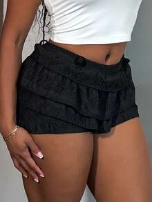 Tyla Gomez Women's Elegant Sweet Ballet-Style Layered Ruffle Hem Skort, Solid Color, Autumn/Winter - Black - View 3