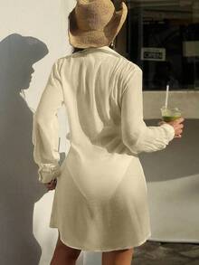 Swim Vcay Áo khoác kimono dài tay màu trơn dáng rộng thắt nơ phía trước dành cho nữ, thích hợp cho mùa xuân/thu, phù hợp đi biển và nghỉ dưỡng. - Màu be - Xem 2