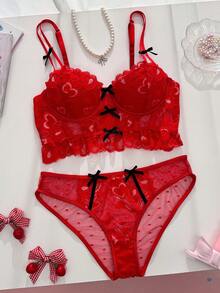 PetitDoll Conjunto de Sutiã com Bojo e Laço Colorido Fofo para o Dia dos Namorados, 2 peças - Vermelho - Visão 7