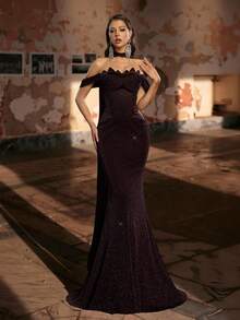 Glamrae Elegant Crafted Floral Lace Collar Structural Splice Ruffle Hem Flared Hem Cocktail Party Dress, Evening Dress, Lightweight Mesh Dress - Coffee Brown - View 2