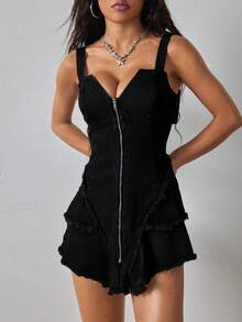 SHEIN ICON Women's Solid Color Zip-Up Denim Jumpsuit Dress - Black - View 5