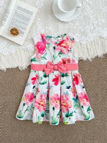 SHEIN Đầm công chúa không tay thắt nơ eo, màu nước hoa lá tươi tắn, kiểu dáng mới về cho bé gái 0-3 tuổi, thích hợp cho các hoạt động ngoài trời, dã ngoại, tiệc trà chiều, tiệc tùng và sinh nhật. - Hồng - Xem 7
