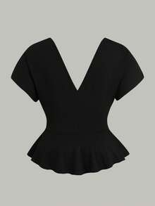 Sweetra Áo kiểu nữ cỡ lớn phong cách Pháp thanh lịch, cổ chữ V, tay ngắn, dáng peplum màu đen và vàng, áo peplum nữ, áo công sở nữ, áo peplum, trang phục đi nghỉ mát cho nữ, bộ trang phục nữ, trang phục sang trọng, phụ kiện trang phục, ý tưởng phối đồ - màu đen - Xem 3
