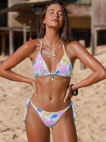 Swim Vcay Bộ bikini gợi cảm buộc dây cổ, chất liệu vải dệt họa tiết ngẫu nhiên, trang trí vỏ sò, dành cho nữ, thích hợp cho kỳ nghỉ biển. - Nhiều màu - Xem 3