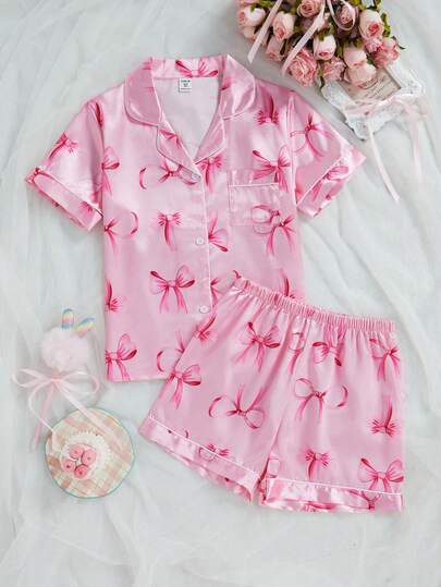 2件套女童缎面蝴蝶结印花短袖短裤睡衣套装，春夏款
