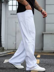 Manfinity Homme 男士休闲简约白色斜插口袋牛仔裤，四季皆宜 - 白色 - 查看 8