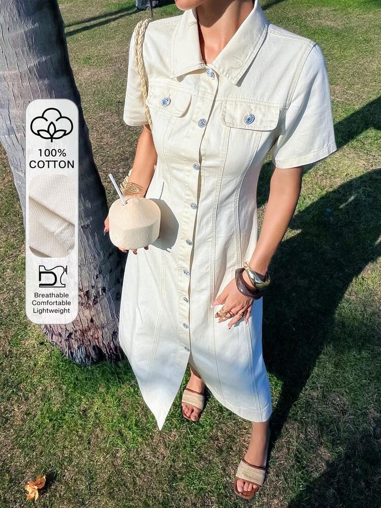 Women's Casual Solid Color Washed Faux Pocket Denim Dress Summer