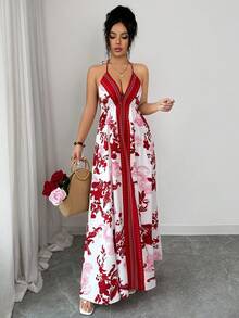 SHEIN Women's Print Spaghetti Strap Tie Waist A-Line Dress, Charming Sexy Elegant Daily Commute Vacation Fashion Date French Street Retro Versatile Spring Summer Red White New Long Sleeveless Spaghetti Strap Slip Dress - Multicolor - View 3