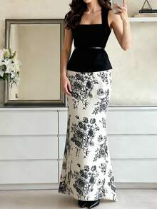 Rafferiza Women's Elegant Commuter Floral Print Fishtail Skirt - Apricot - View 4