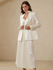 BELROSIE Elegant Women's Satin Patchwork Pleated Hem Slip Dress Paired With Classic Satin Blazer Suit, Suitable For Dates, Daily Commute And Work - White - View 4